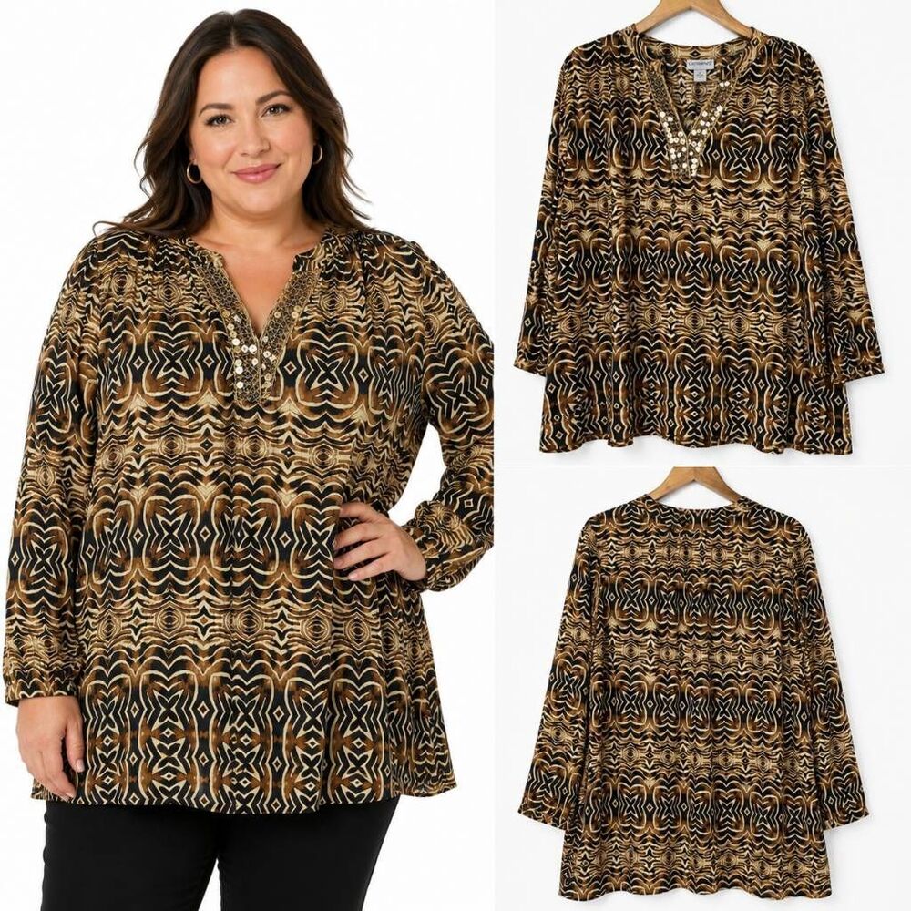 Catherines 2X Animal Print Sequin Tunic Blouse Plus Size
